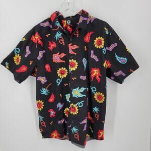 Neff Shirt Mens XL Button Up Graphic Print Flowers Flames Short Sleeve Cotton